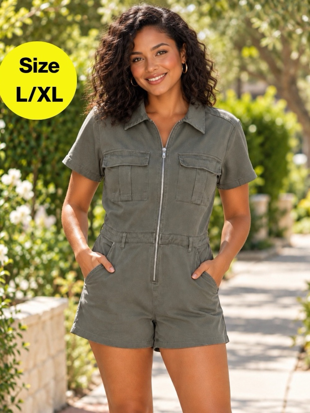 2/for $20 🪩 JUSTIFY Utility Shorts Romper in Olive Green (Women’s Large/XL)